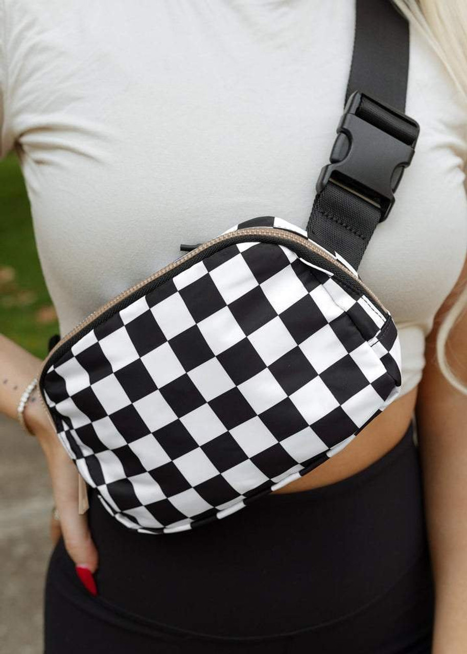 White Checkered Print Buckle Wide Belt Crossbody Bag White Checkered Print Buckle Wide Belt Crossbody Bag