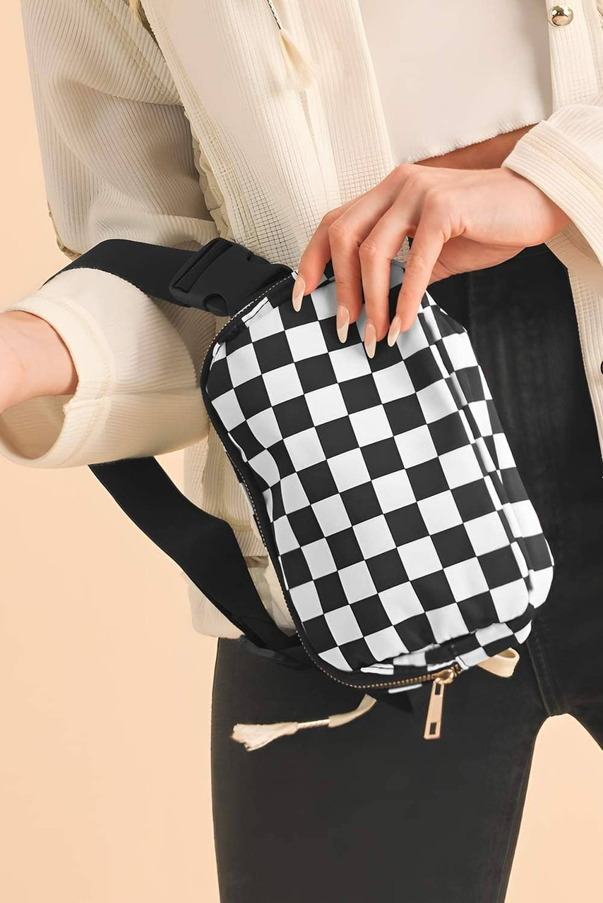 White Checkered Print Buckle Wide Belt Crossbody Bag White Checkered Print Buckle Wide Belt Crossbody Bag