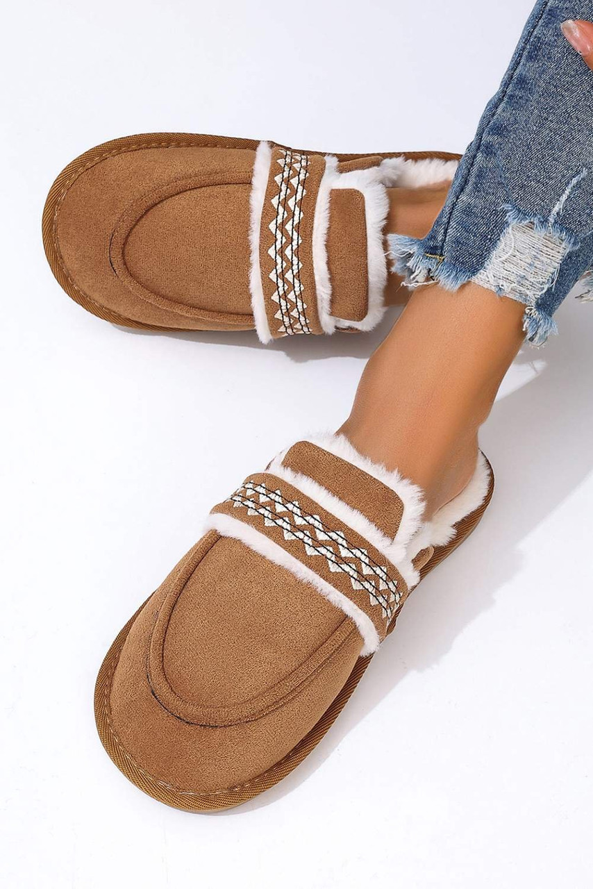Chestnut Suede Wavy Striped Plush Lined Slippers (Run Small, Size Up)