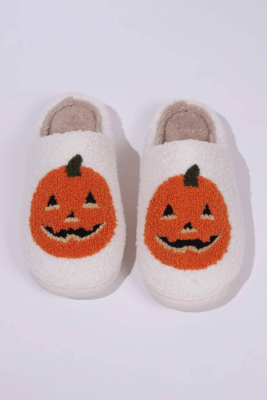 White Halloween Pumpkin Print Plush Slippers (Runs Small, Size Up)