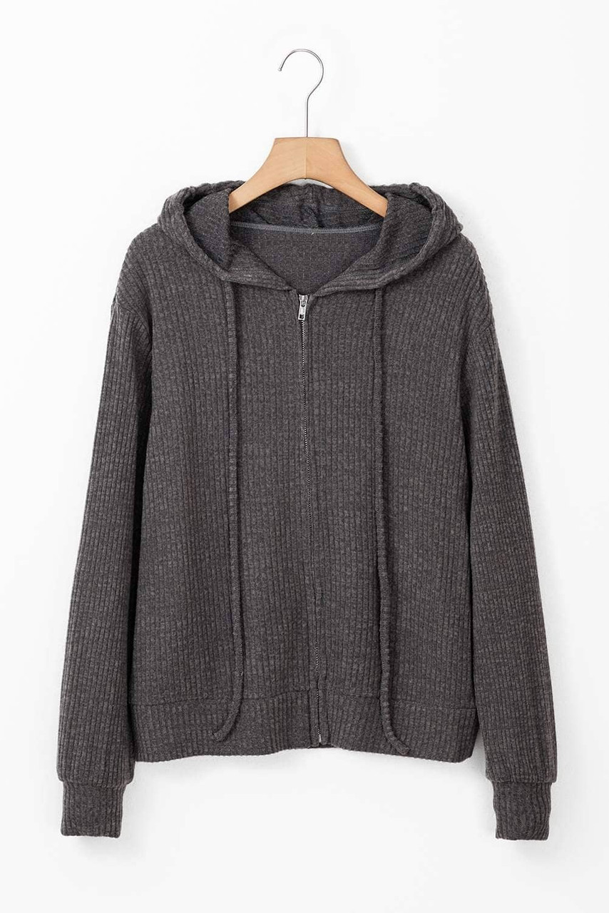 Dark Grey Ribbed Zip Up Front Drawstring Hoodie