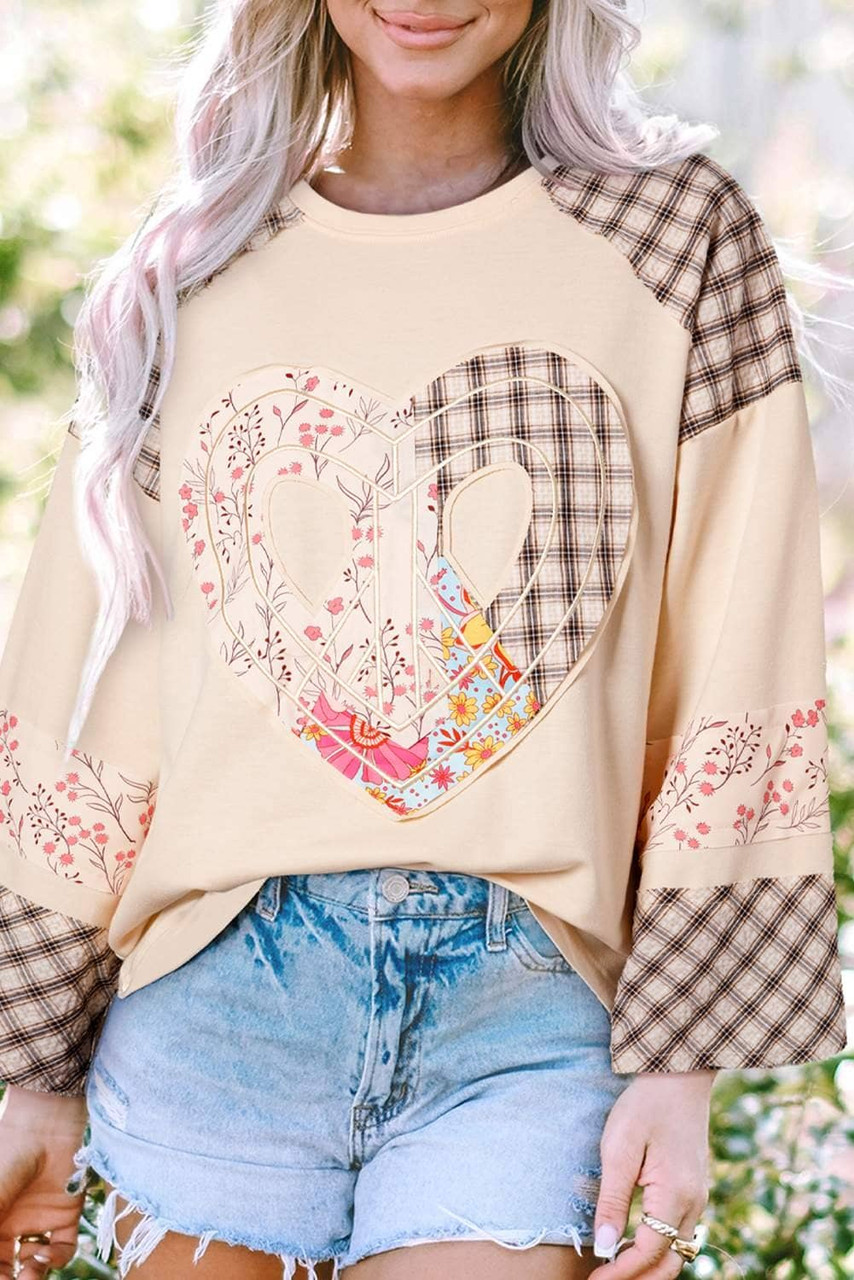 Beige Plaid Floral Peace Heart Graphic Wide Long Sleeve Top Beige Plaid Floral Peace Heart Graphic Wide Long Sleeve Top