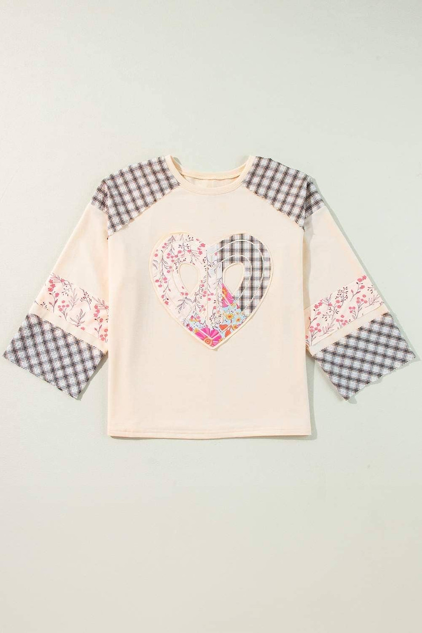 Beige Plaid Floral Peace Heart Graphic Wide Long Sleeve Top Beige Plaid Floral Peace Heart Graphic Wide Long Sleeve Top
