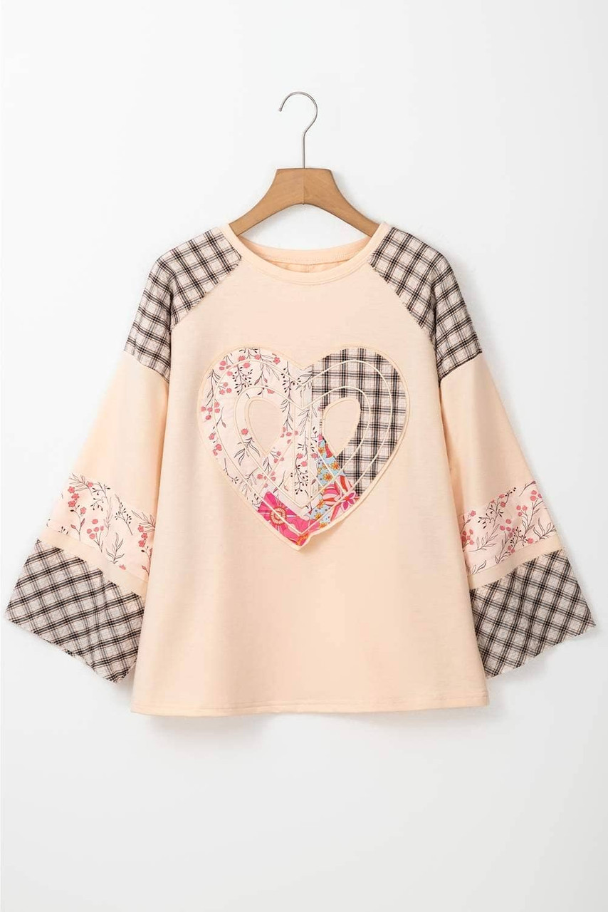 Beige Plaid Floral Peace Heart Graphic Wide Long Sleeve Top Beige Plaid Floral Peace Heart Graphic Wide Long Sleeve Top