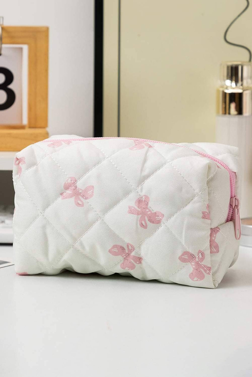 White Sweet Bow Knot Print Quilted Zipper Cosmetic Bag White Sweet Bow Knot Print Quilted Zipper Cosmetic Bag