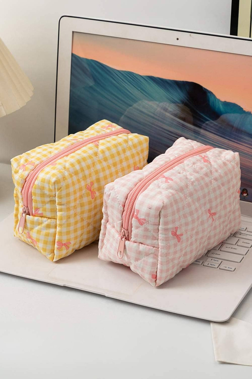 White Sweet Bow Knot Print Quilted Zipper Cosmetic Bag White Sweet Bow Knot Print Quilted Zipper Cosmetic Bag