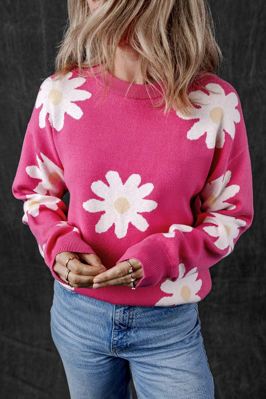 Bright Pink Daisy Flower Crew Neck Long Sleeve Sweater