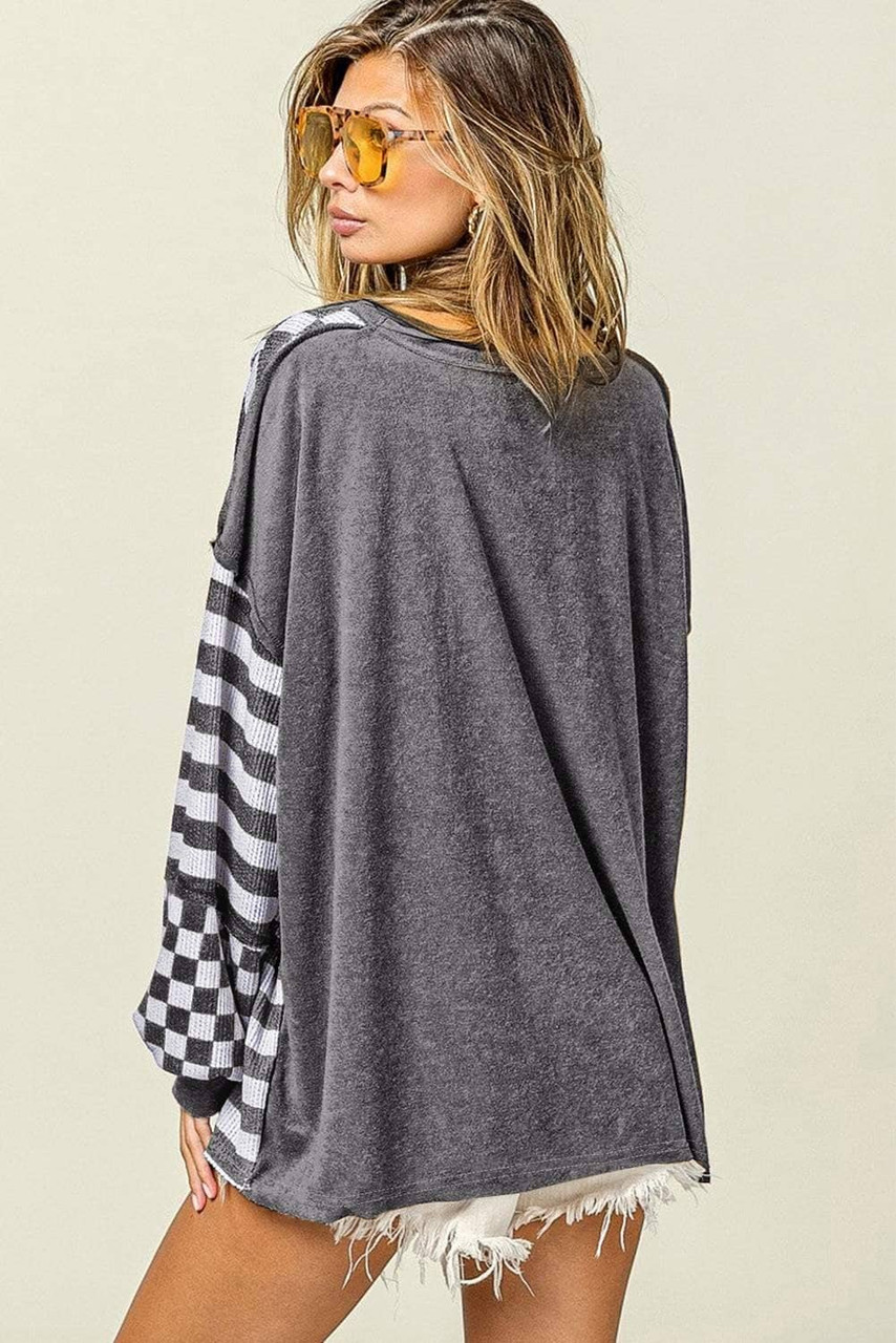 Dark Grey Checkerboard Striped Patchwork Lantern Sleeve Pocketed Blouse