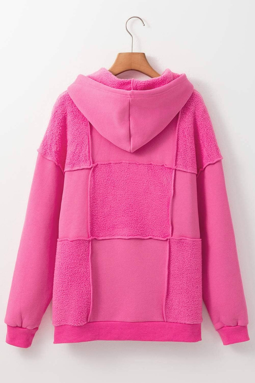 Pitaya Pink Mineral Wash Terry Patchwork Drawstring Hoodie