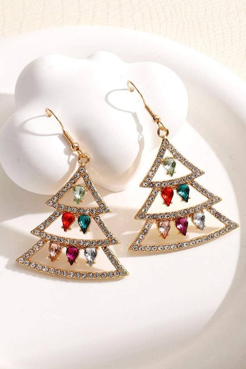 Gold Gem Decor Rhinestone Christmas Tree Holiday Hook Earrings Gold Gem Decor Rhinestone Christmas Tree Holiday Hook Earrings
