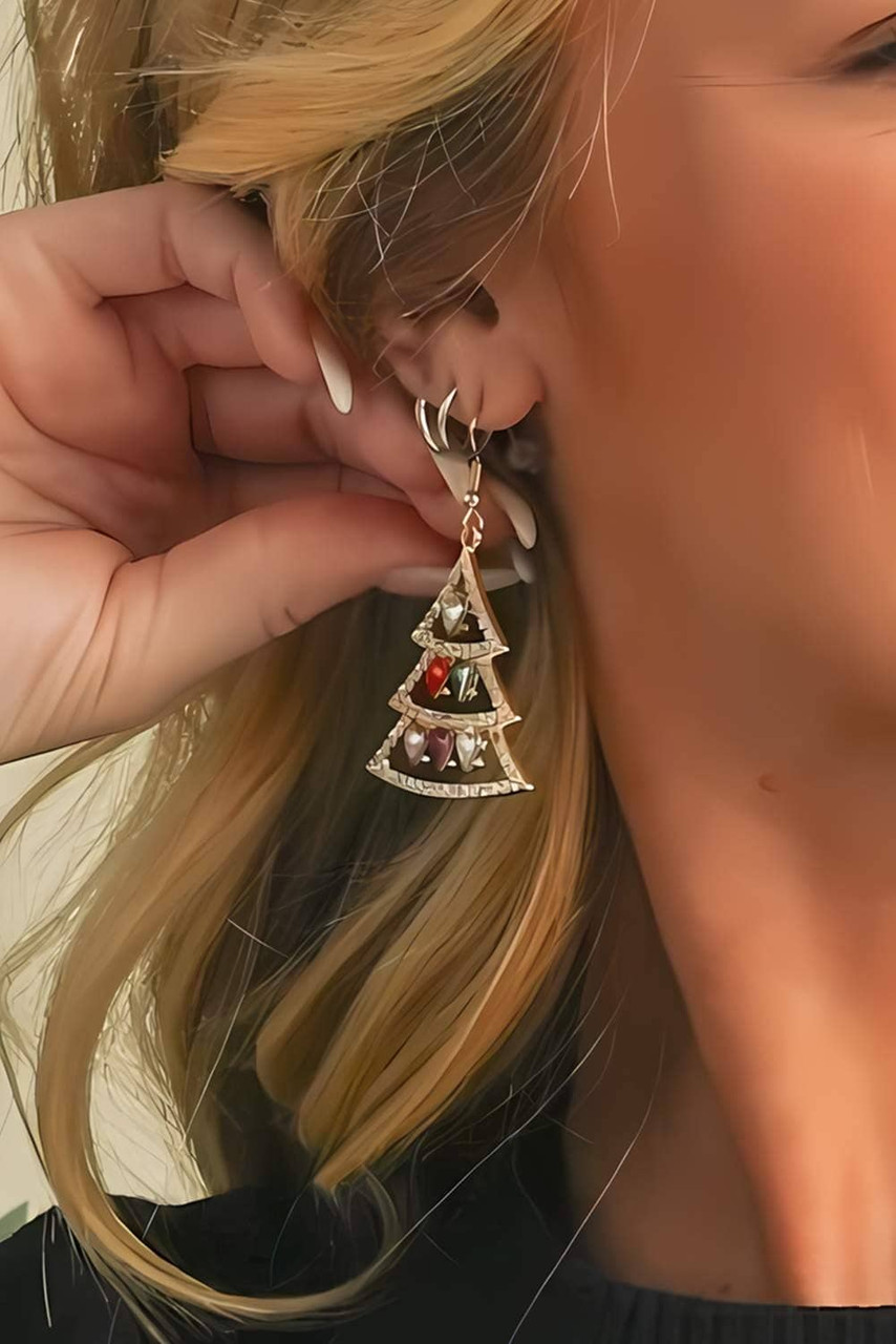 Gold Gem Decor Rhinestone Christmas Tree Holiday Hook Earrings Gold Gem Decor Rhinestone Christmas Tree Holiday Hook Earrings