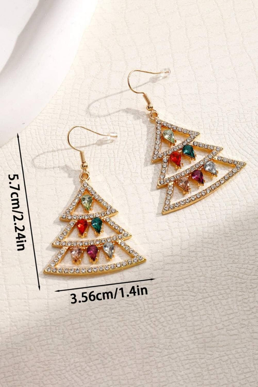 Gold Gem Decor Rhinestone Christmas Tree Holiday Hook Earrings Gold Gem Decor Rhinestone Christmas Tree Holiday Hook Earrings