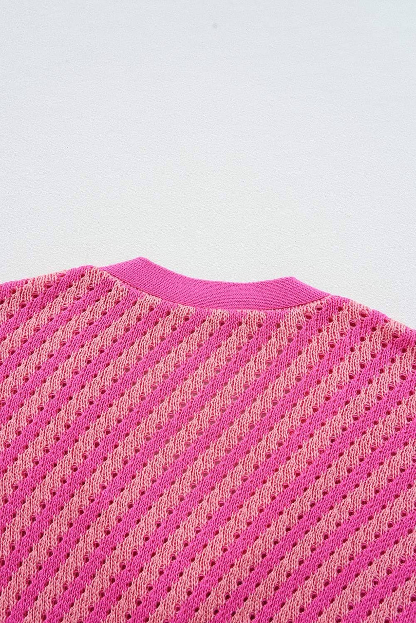 Pink Striped Buttoned V Neck Drop Shoulder Cardigan