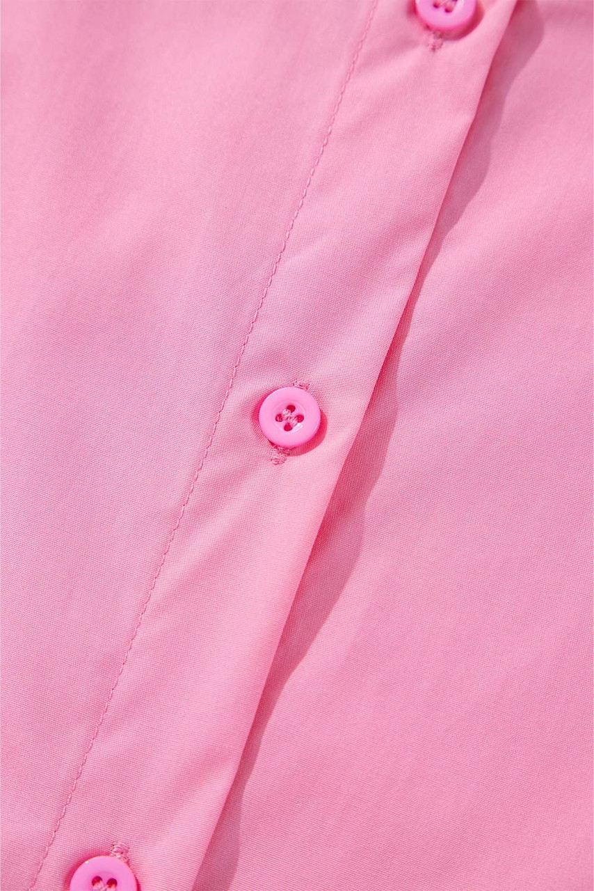 Bright Pink Balloon Sleeve Button Up Mini Shirt Dress