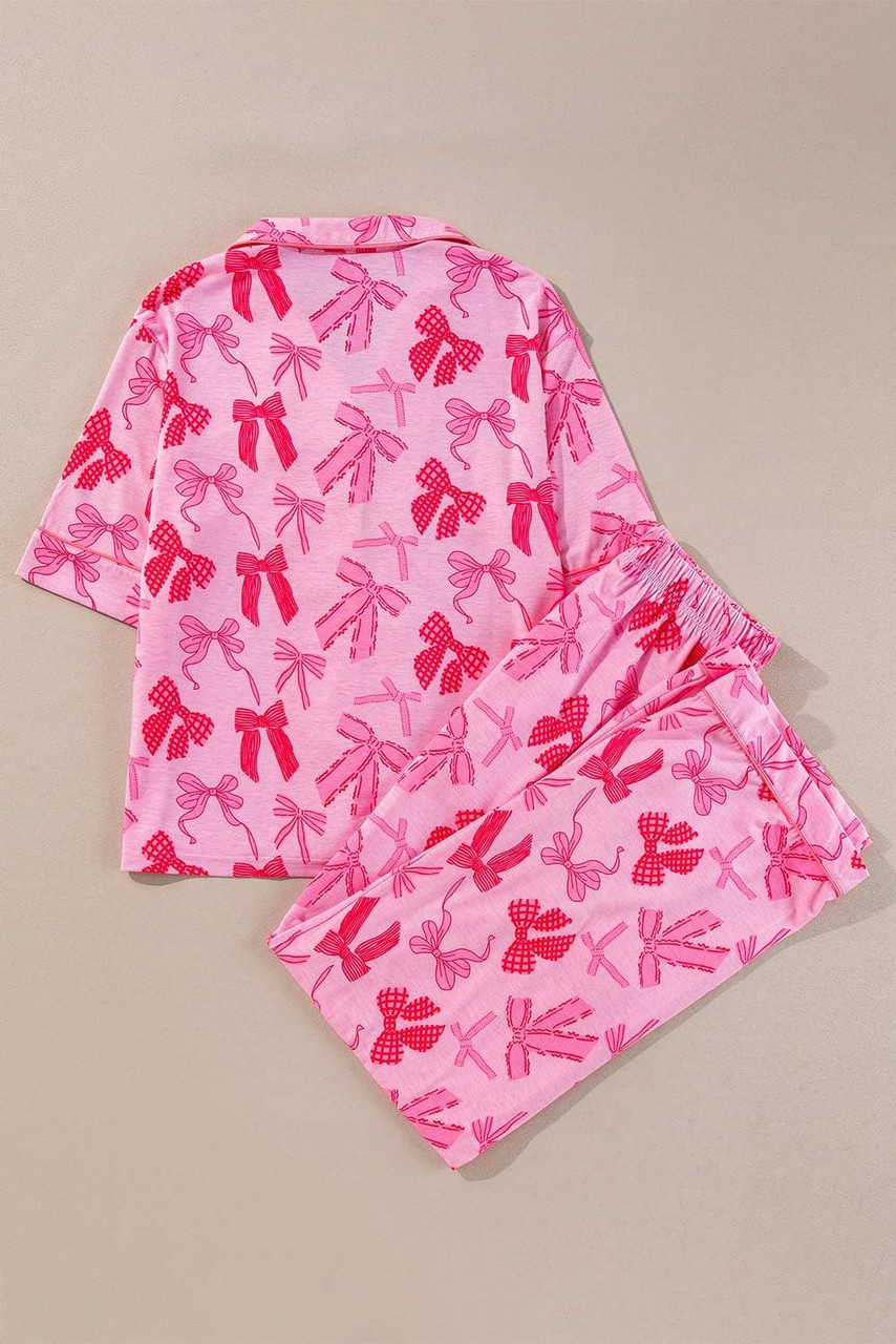 Pink Bow Knot Print Lapel Collar Short Sleeve and Pants Pajamas Set Pink Bow Knot Print Lapel Collar Short Sleeve and Pants Pajamas Set