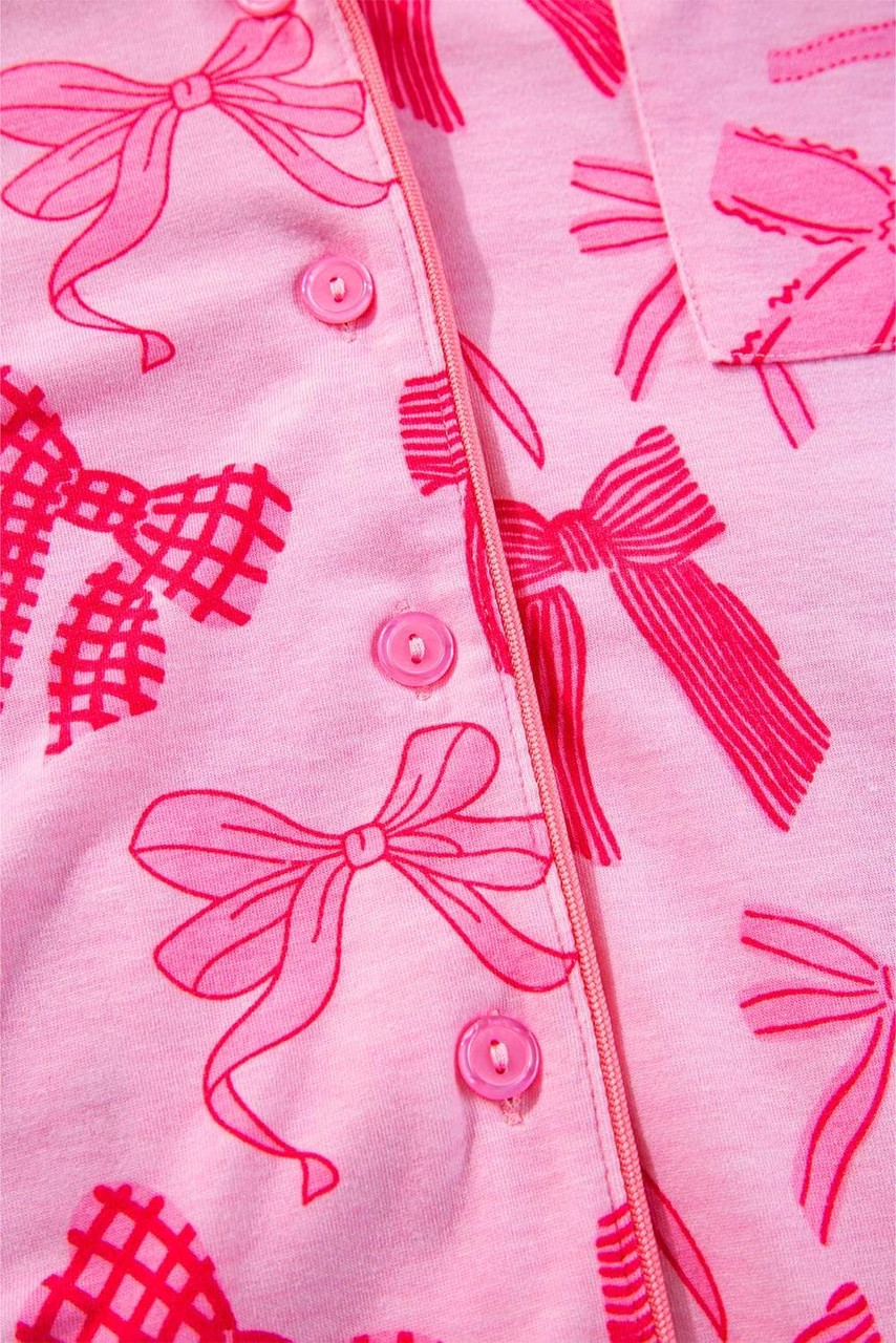 Pink Bow Knot Print Lapel Collar Short Sleeve and Pants Pajamas Set Pink Bow Knot Print Lapel Collar Short Sleeve and Pants Pajamas Set