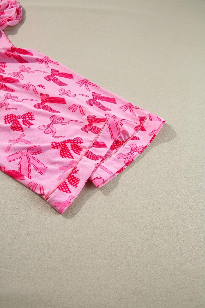Pink Bow Knot Print Lapel Collar Short Sleeve and Pants Pajamas Set Pink Bow Knot Print Lapel Collar Short Sleeve and Pants Pajamas Set