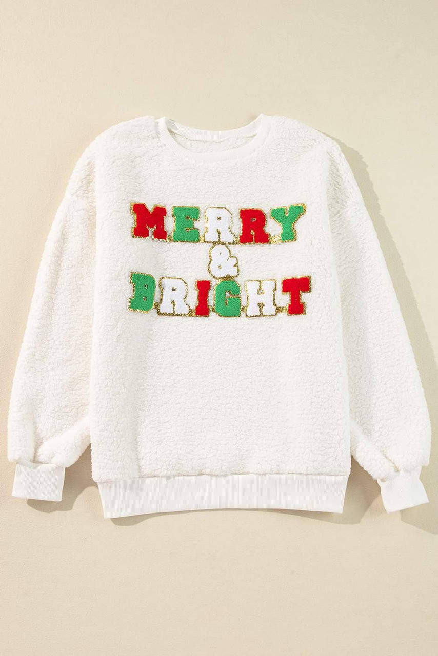 White Christmas MERRY & Bright Chenille Graphic Sherpa Sweatshirt