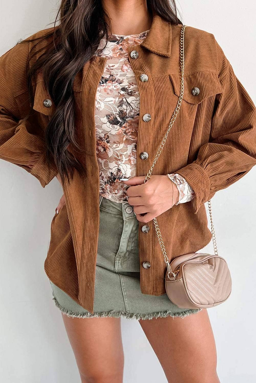 Cinnamon Corduroy Flap Pocket Button Up Round Hem Shacket Cinnamon Corduroy Flap Pocket Button Up Round Hem Shacket