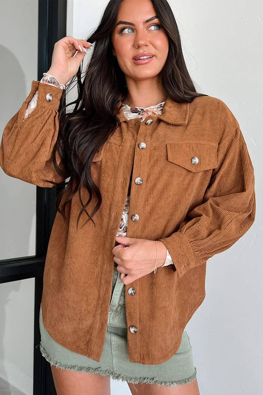 Cinnamon Corduroy Flap Pocket Button Up Round Hem Shacket Cinnamon Corduroy Flap Pocket Button Up Round Hem Shacket