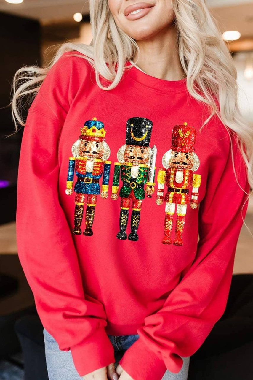 Red Christmas Metallic Nutcracker Graphic Crew Neck Sweatshirt Red Christmas Metallic Nutcracker Graphic Crew Neck Sweatshirt