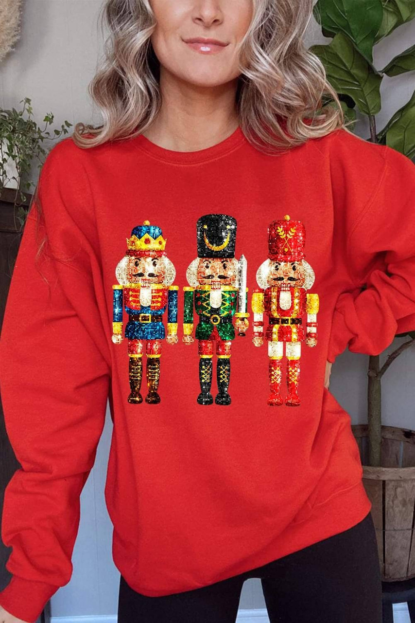 Red Christmas Metallic Nutcracker Graphic Crew Neck Sweatshirt Red Christmas Metallic Nutcracker Graphic Crew Neck Sweatshirt