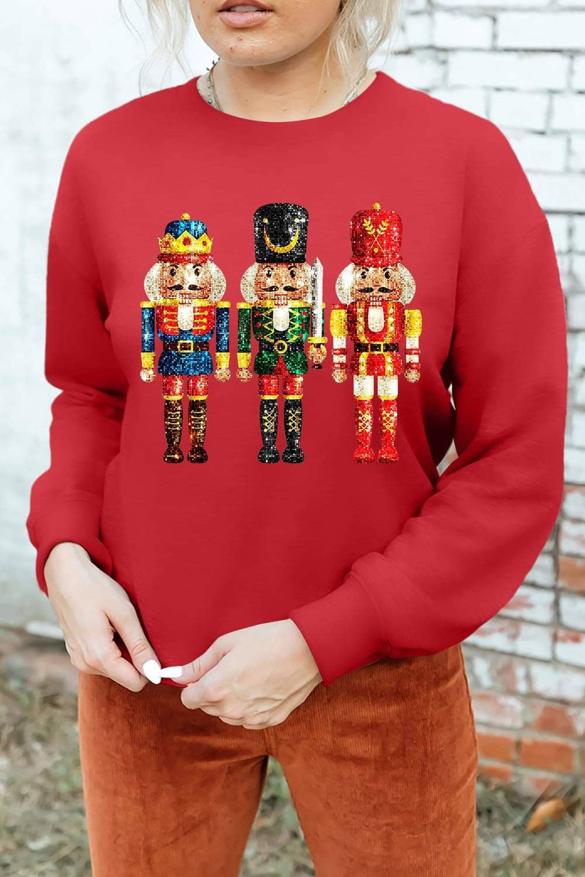 Red Christmas Metallic Nutcracker Graphic Crew Neck Sweatshirt Red Christmas Metallic Nutcracker Graphic Crew Neck Sweatshirt