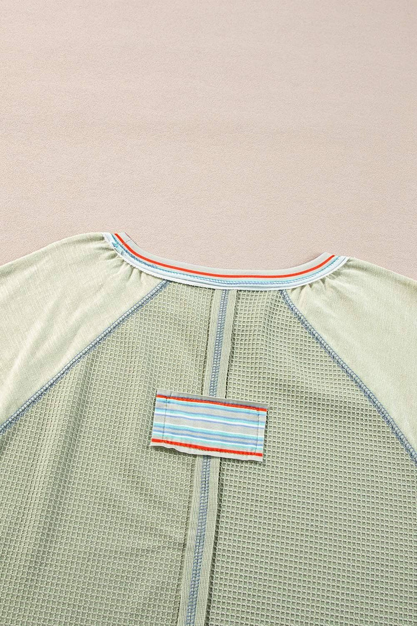 Meadow Mist Green Waffle Knit Wide Bracelet Sleeve Patchwork Raglan Top