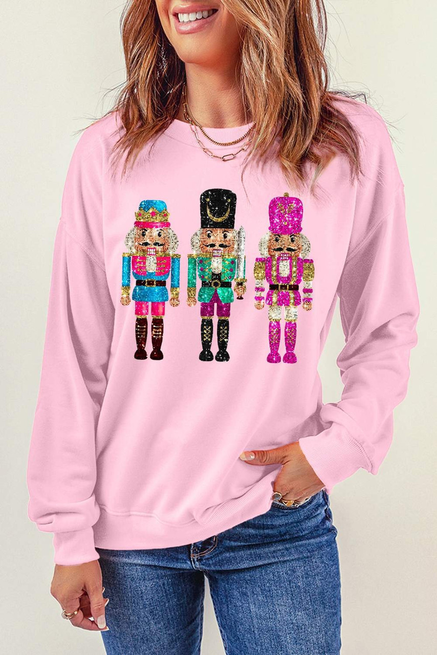 Pink Cute Nutcracker Printed Drop Shoulder Christmas Sweatshirt Pink Cute Nutcracker Printed Drop Shoulder Christmas Sweatshirt