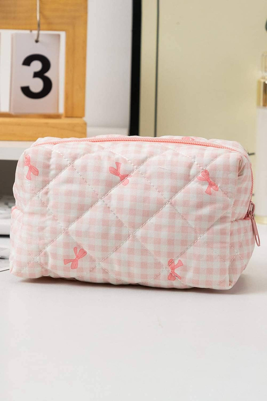 Pink Sweet Bow Knot Print Quilted Zipper Cosmetic Bag Pink Sweet Bow Knot Print Quilted Zipper Cosmetic Bag