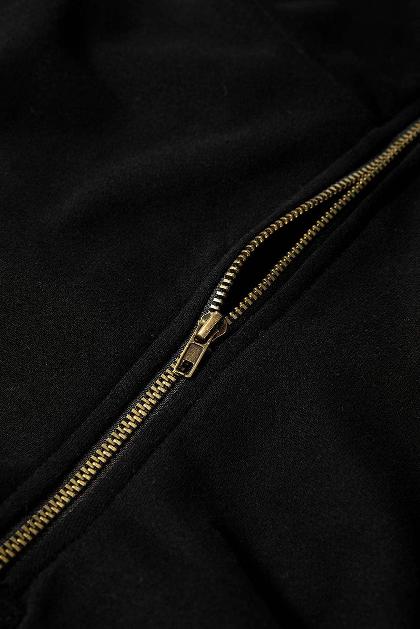 Black Fleece Lined Half Zipper Kangaroo Pockets Loose Hoodie