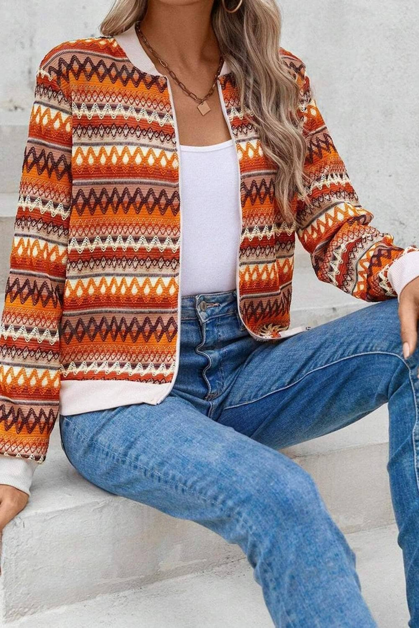 Orange Boho Striped Zip Up Long Sleeve Jacket Orange Boho Striped Zip Up Long Sleeve Jacket