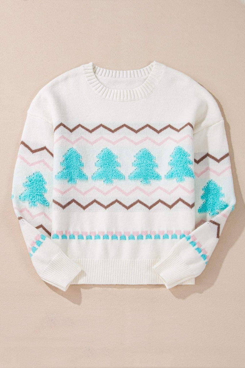 White Striped Christmas Tree Ribbed Trim Drop Shoulder Sweater