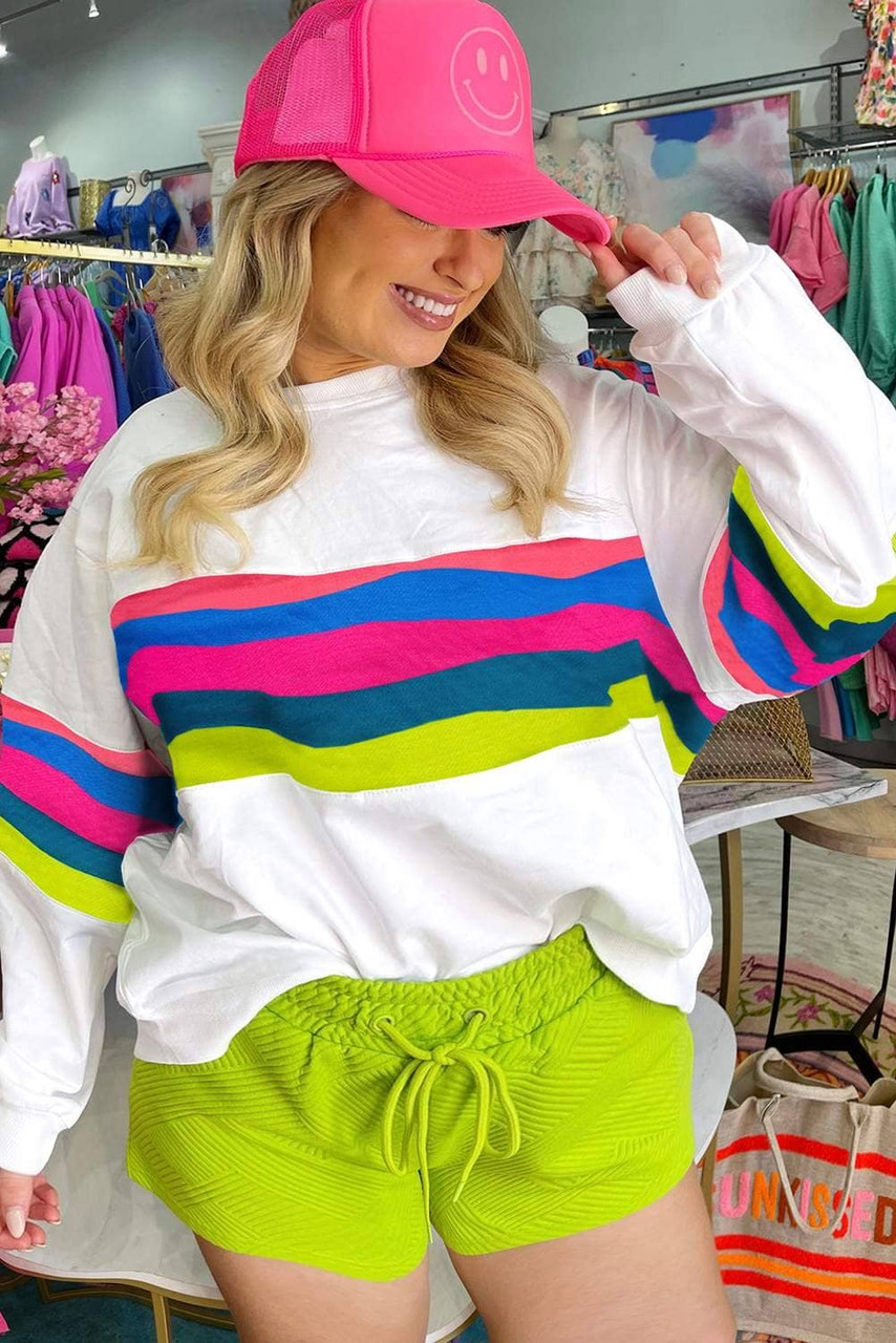 White Plus Size Colorful Striped Drop Shoulder Loose Sweatshirt White Plus Size Colorful Striped Drop Shoulder Loose Sweatshirt