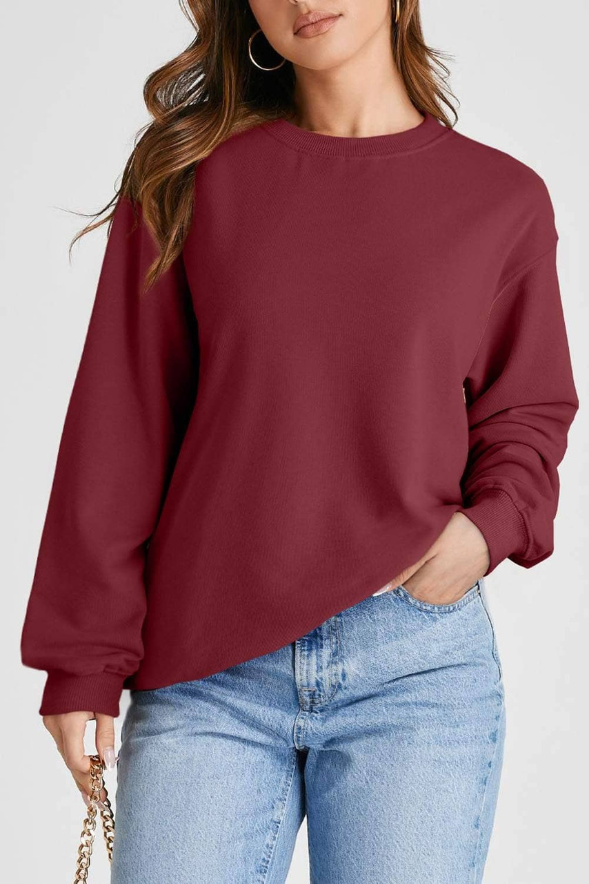 Burgundy Plain Drop Shoulder Crewneck Pullover Sweatshirt Burgundy Plain Drop Shoulder Crewneck Pullover Sweatshirt