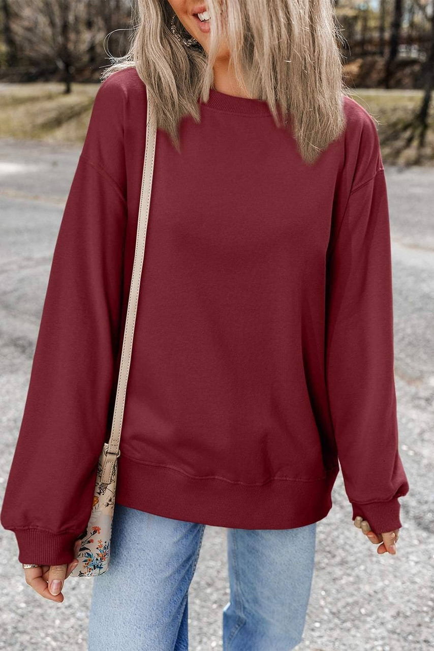 Burgundy Plain Drop Shoulder Crewneck Pullover Sweatshirt Burgundy Plain Drop Shoulder Crewneck Pullover Sweatshirt