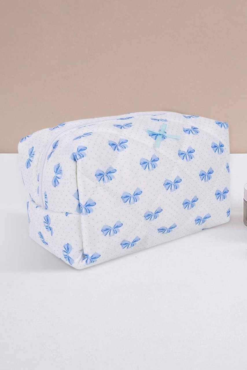 Sky Blue Bow Knot Quilted Zipper Makeup Bag Sky Blue Bow Knot Quilted Zipper Makeup Bag