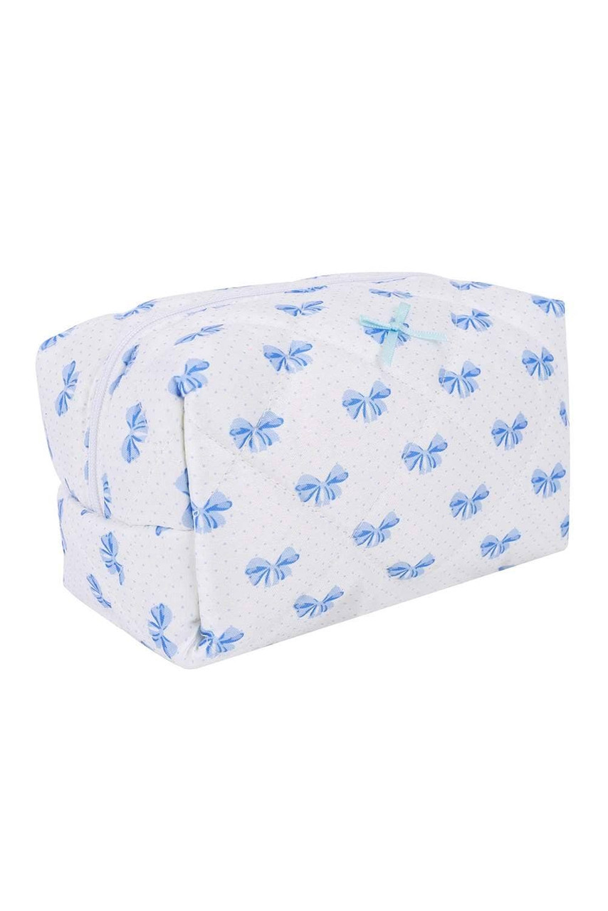 Sky Blue Bow Knot Quilted Zipper Makeup Bag Sky Blue Bow Knot Quilted Zipper Makeup Bag