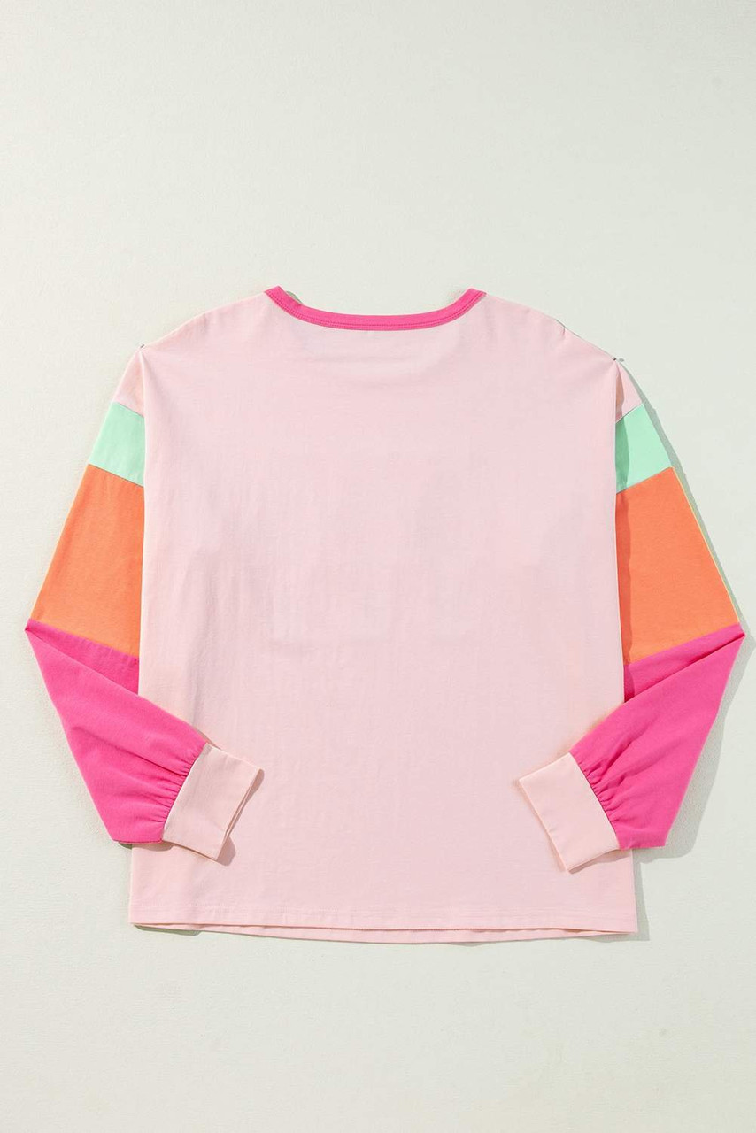 Pink Christmas Sequin Nutcracker Graphic Colorblock Long Sleeve Top
