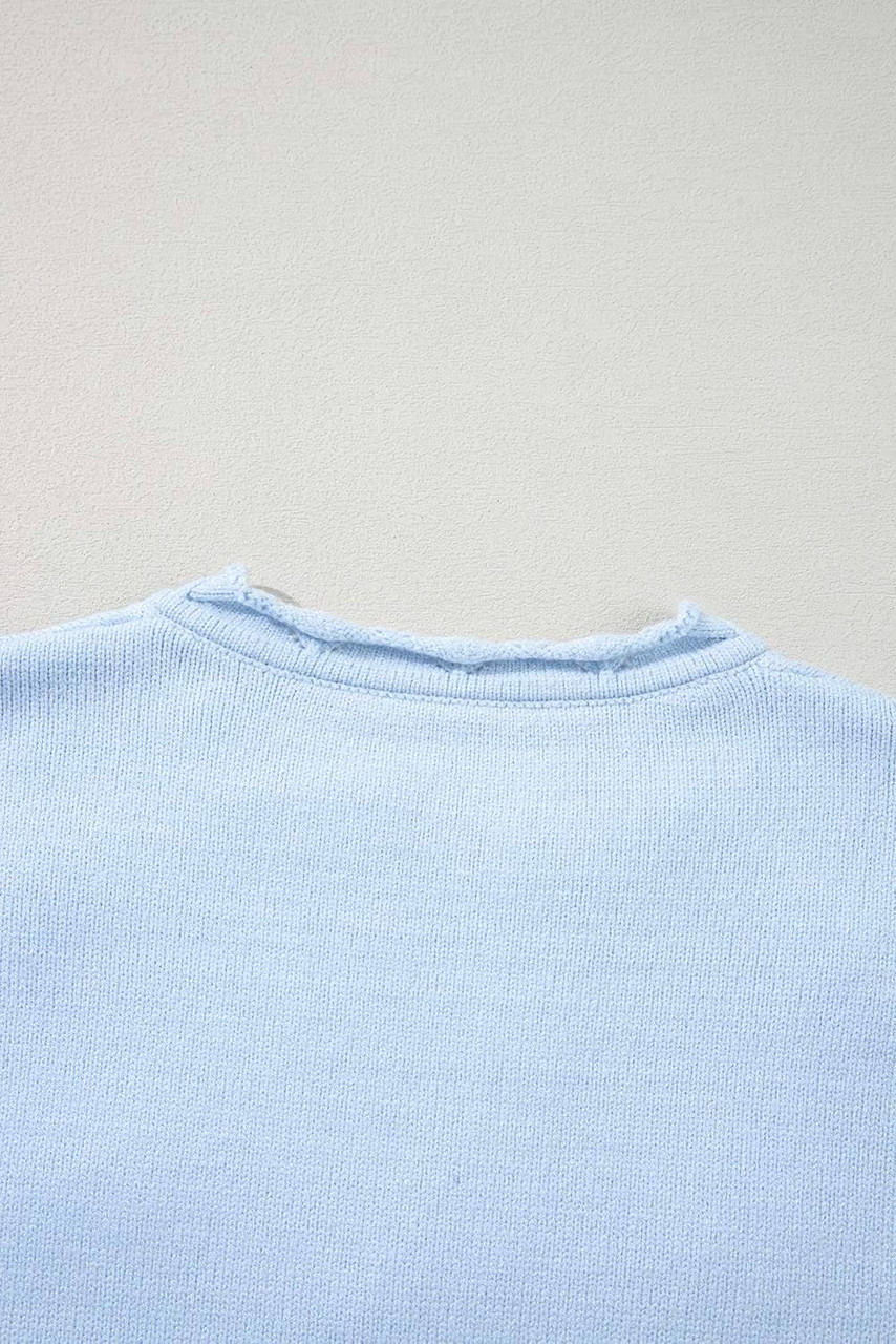 Beau Blue Flower Detail Knitted Notched Neck Sweater
