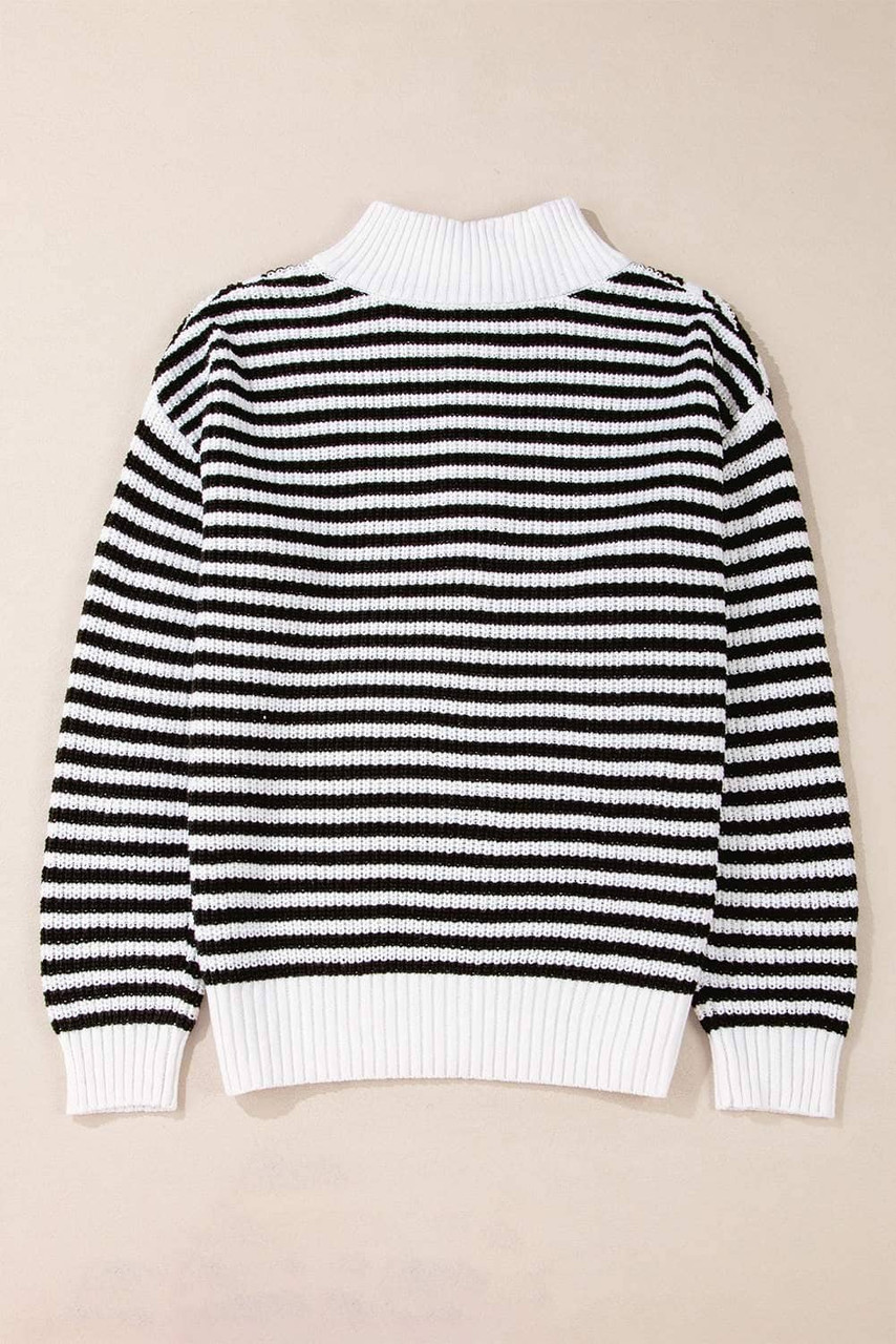 Black Stripe Zip up Collar Drop Shoulder Sweater Black Stripe Zip up Collar Drop Shoulder Sweater