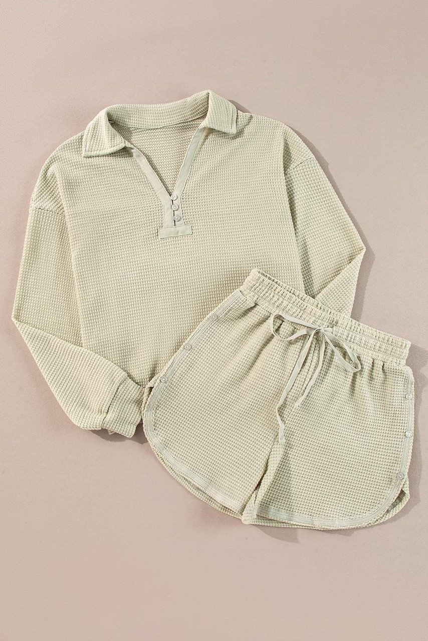 Parchment Textured Buttoned Long Sleeve Top 2 Piece Shorts Set
