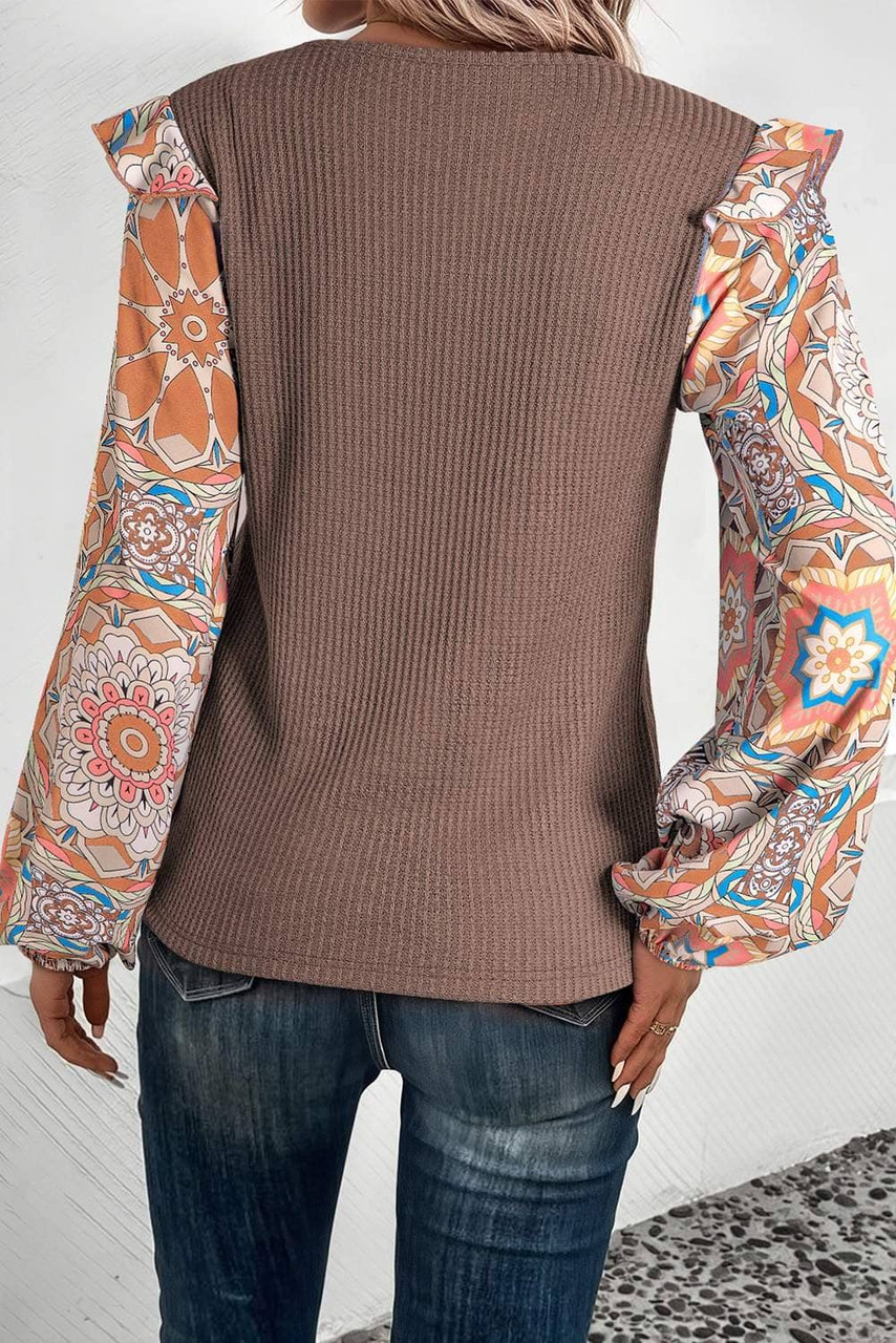 Coffee Ruffled Floral Sleeve Patchwork Waffle Knit O Neck Blouse Coffee Ruffled Floral Sleeve Patchwork Waffle Knit O Neck Blouse