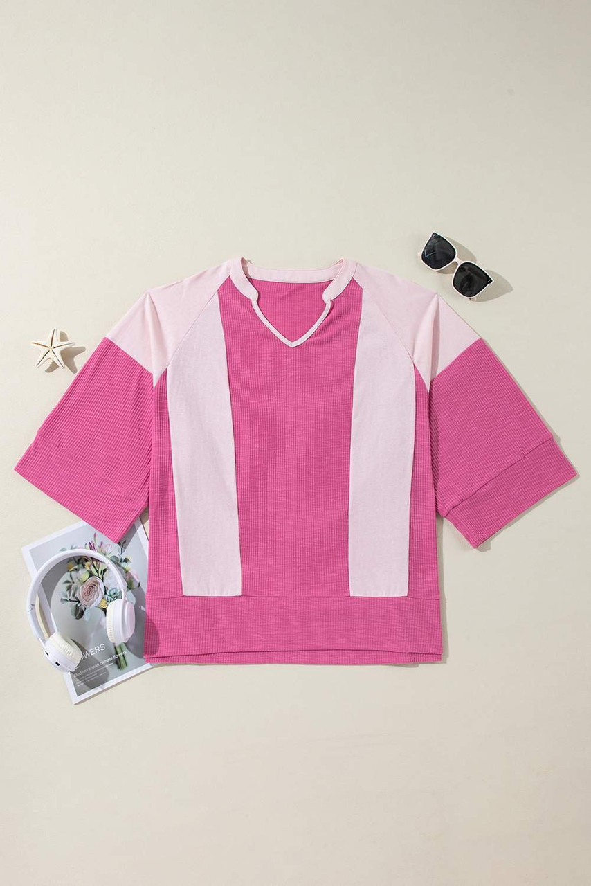 Bright Pink Textured Colorblock 3/4 Sleeve Oversize Top