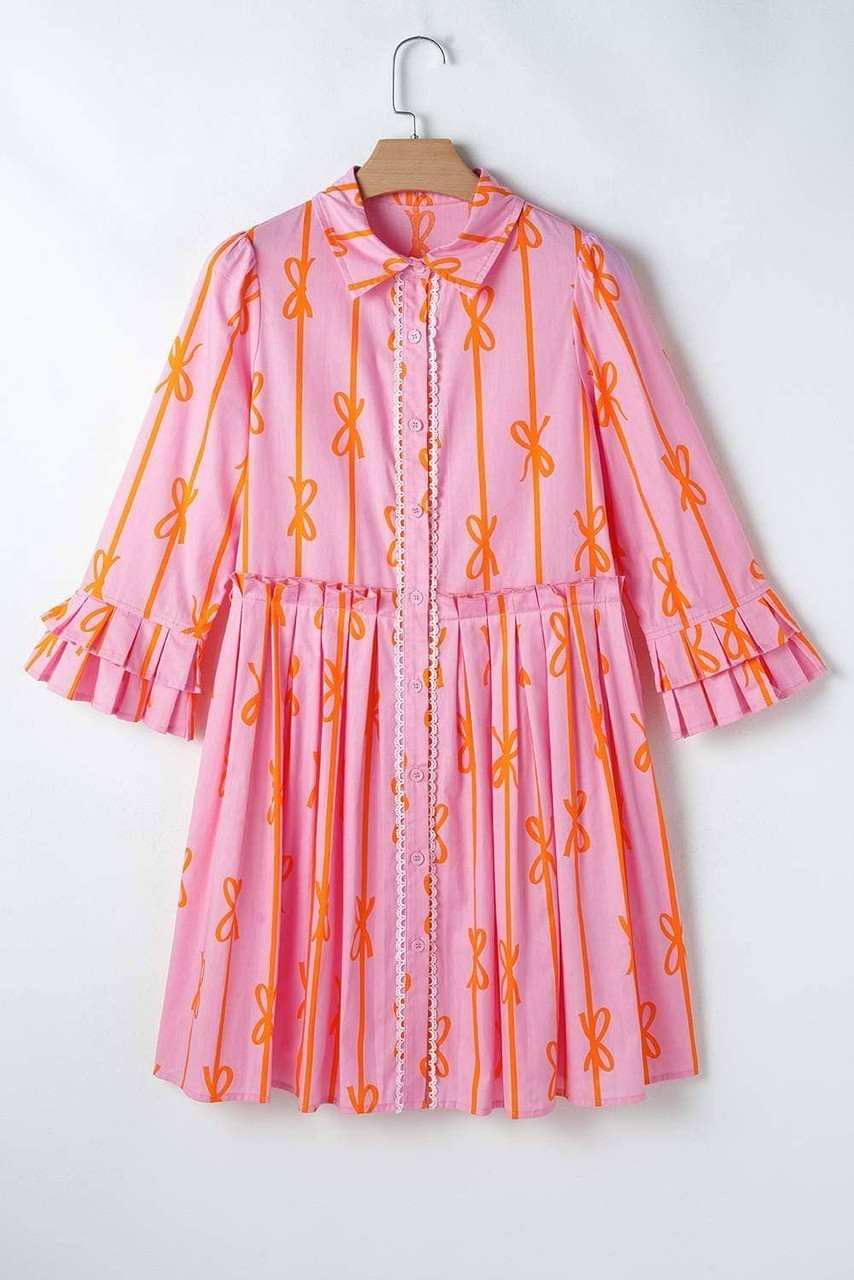 Pink Bowknot Striped Printed Tiered Ruffled Mini Shirt Dress Pink Bowknot Striped Printed Tiered Ruffled Mini Shirt Dress