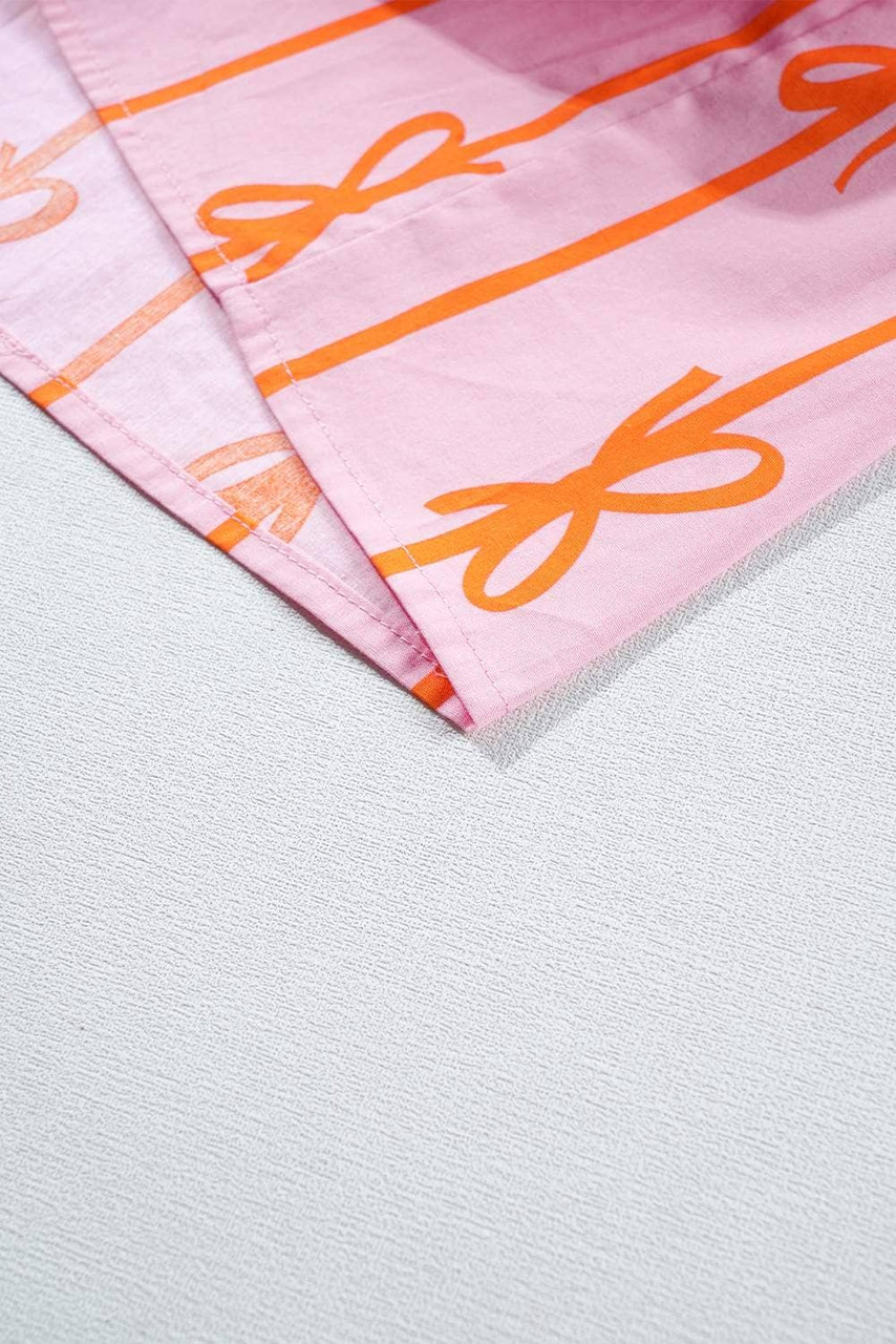 Pink Bowknot Striped Printed Tiered Ruffled Mini Shirt Dress Pink Bowknot Striped Printed Tiered Ruffled Mini Shirt Dress