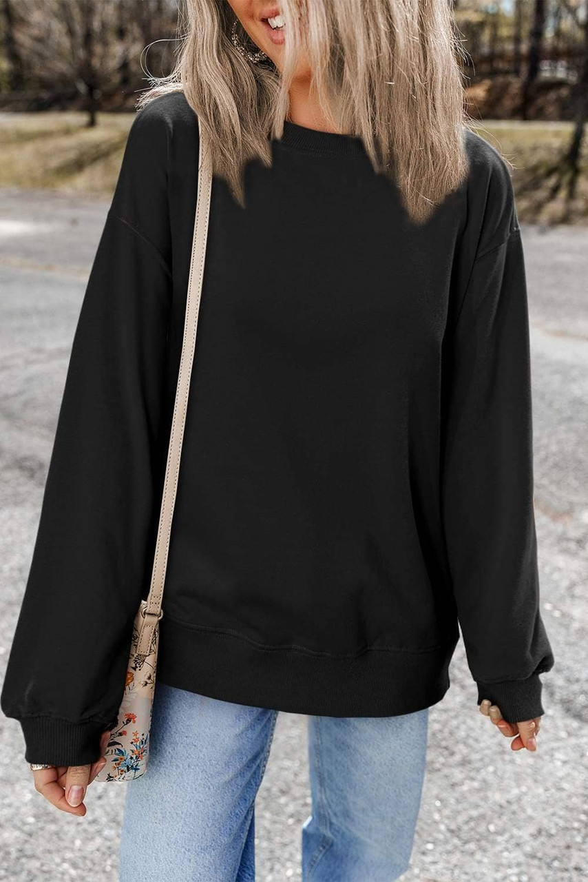 Black Plain Drop Shoulder Crewneck Pullover Sweatshirt Black Plain Drop Shoulder Crewneck Pullover Sweatshirt