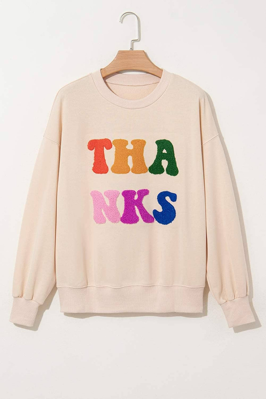 Apricot THANKS Chenille Embroidered Drop Shoulder Graphic Sweatshirt