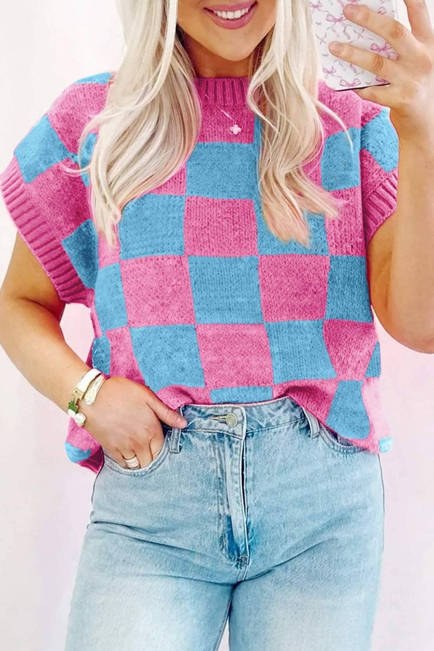 Sachet Pink Colorblock Plaid Pattern Ribbed Trim Sweater Tank Top Sachet Pink Colorblock Plaid Pattern Ribbed Trim Sweater Tank Top
