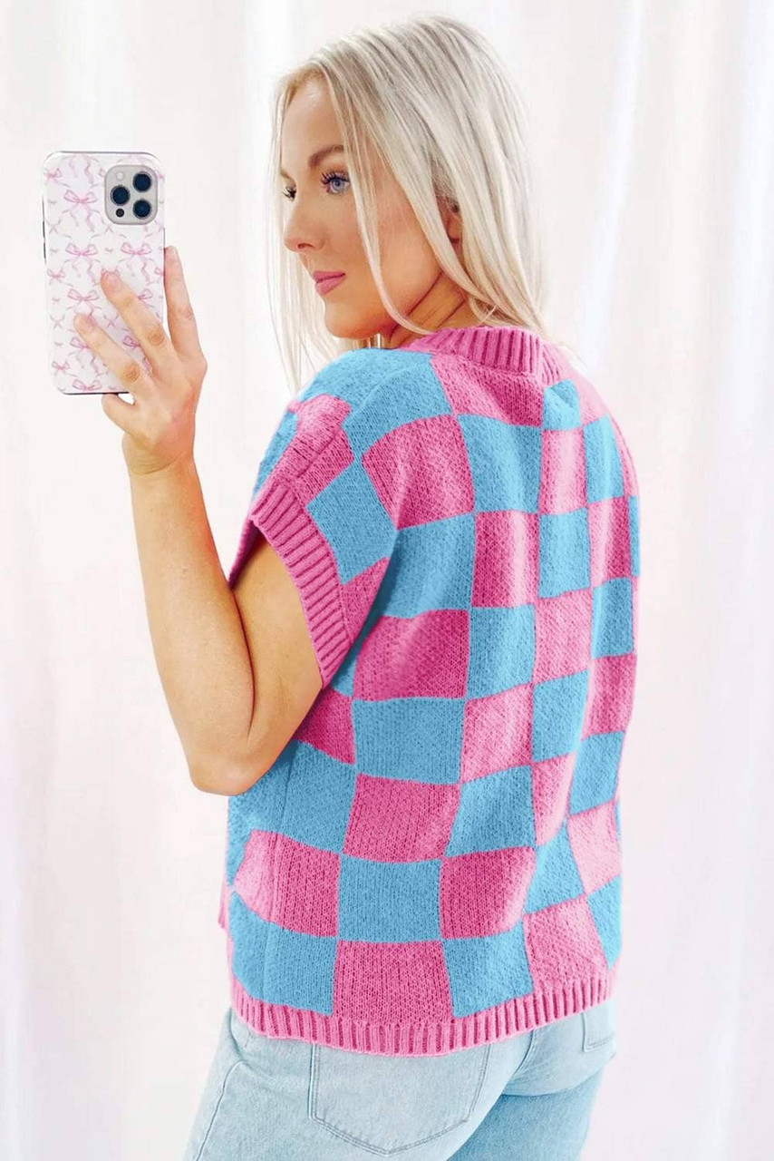Sachet Pink Colorblock Plaid Pattern Ribbed Trim Sweater Tank Top Sachet Pink Colorblock Plaid Pattern Ribbed Trim Sweater Tank Top